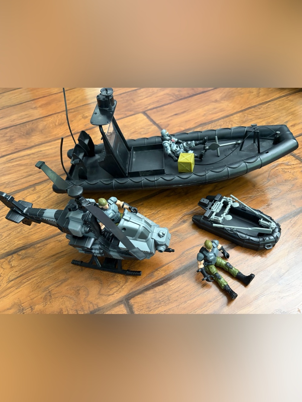 Kids Tactical Helicopter and Rescue Boat Playset - Black/Grey